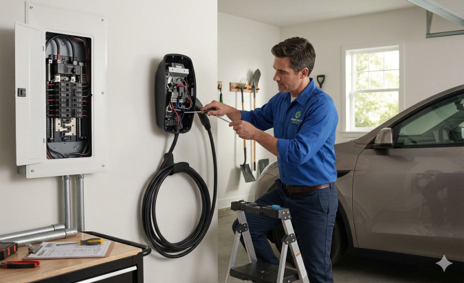 Hombre conectando cargador Tesla en garaje residencial para vehículo eléctrico de lujo.