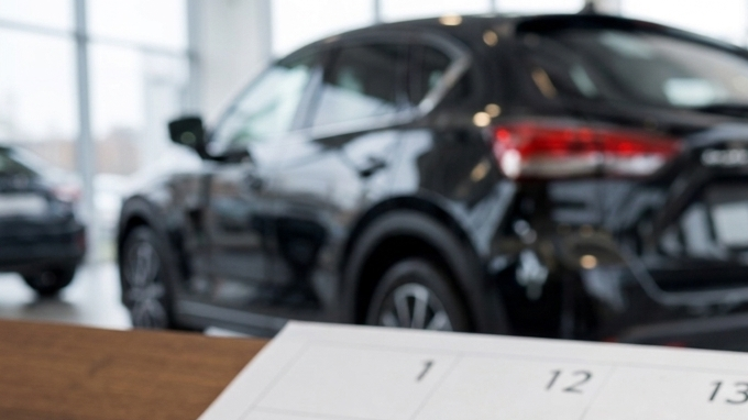 Calendario con fecha marcada, dinero y llave de auto en concesionario, imagen sobre comprar carro a fin de mes