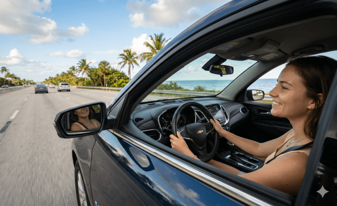 Mujer sonriendo mientras conduce un Chevrolet Equinox por una autopista costera de Florida, con el océano y palmeras de fondo.