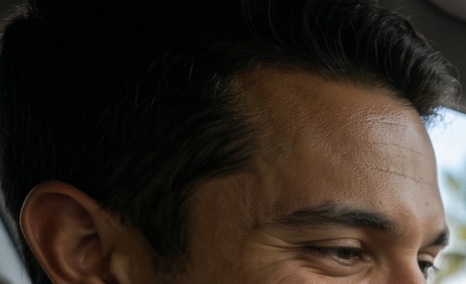 Hombre sonriendo mientras ajusta el volumen de la pantalla de infoentretenimiento de un coche, con el océano y palmeras de fondo.
