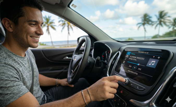 Hombre sonriendo mientras ajusta el volumen de la pantalla de infoentretenimiento de un coche, con el océano y palmeras de fondo.