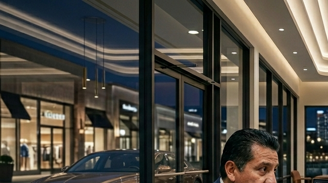 Cliente negocia compra de auto en concesionario de lujo con asesor comercial, imagen sobre descuentos de fin de mes.