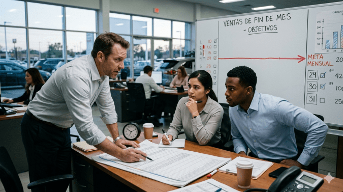 Equipo de vendedores en concesionario revisa objetivos de ventas de fin de mes y metas comerciales de autos.