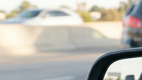 Vista en primer plano de un espejo retrovisor reflejando un SUV que sigue muy de cerca a un sedán en la carretera, con un primer plano de un volante.