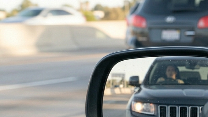 Vista en primer plano de un espejo retrovisor reflejando un SUV que sigue muy de cerca a un sedán en la carretera, con un primer plano de un volante.