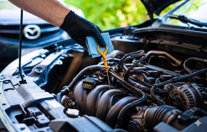 Mano con guante revisando la varilla de aceite del motor de un auto durante mantenimiento automotriz preventivo