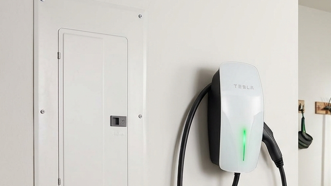 Instalación de cargador EV en interior de vivienda y hombre usandolo en su auto eléctrico