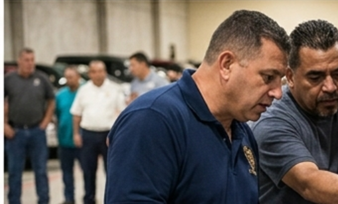 Mecánicos revisando motor de auto en subasta policial de vehículos en Texas