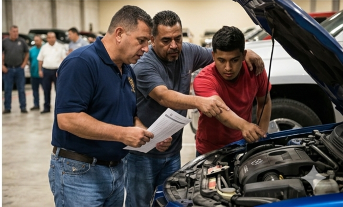 Mecánicos revisando motor de auto en subasta policial de vehículos en Texas