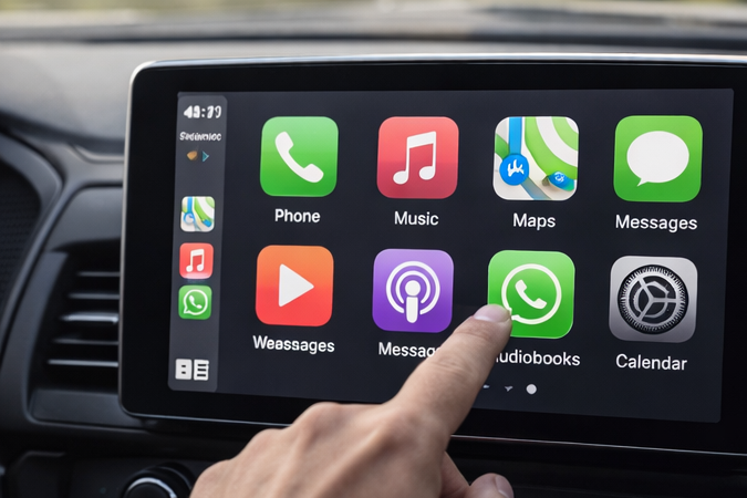 ueva app de WhatsApp en CarPlay con pestañas de Chats, Llamadas y Favoritos en el coche