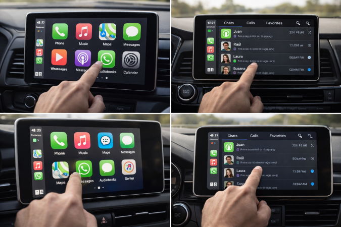 ueva app de WhatsApp en CarPlay con pestañas de Chats, Llamadas y Favoritos en el coche