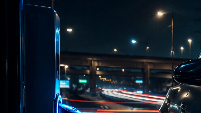 Auto eléctrico cargándose de noche con cable de luz azul e impuestos al fondo