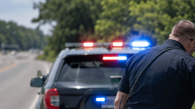 Policía de tránsito toca puerta de auto gris detenido, patrulla con luces encendidas al fondo, inspección de tráfico en carretera rural en Estados Unidos.