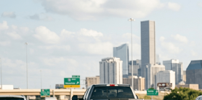Ferrari gris con placas de Montana en autopista de Houston, Texas con skyline al fondo