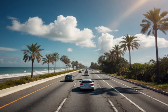 Carretera costera de Miami con autos circulando bajo un cielo soleado junto al mar y palmeras.