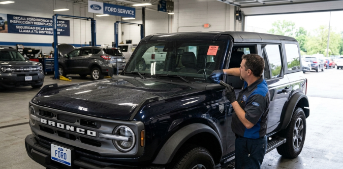 Ford Bronco en concesionario durante campaña de recall, técnico revisa el vehículo en centro de servicio oficial Ford.