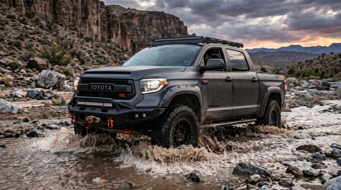Toyota Tundra TRD cruzando río rocoso en terreno off-road con montañas al fondo
