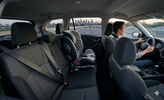 Interior de auto con conductor y silla infantil instalada en asiento trasero, mostrando uso correcto de asiento para niños y cinturones abrochados