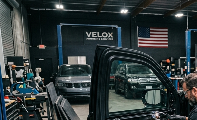 Técnico instalando paneles de blindaje en SUV Cadillac negra, puertas desmontadas y cristales antibalas listos en taller de vehículos blindados.