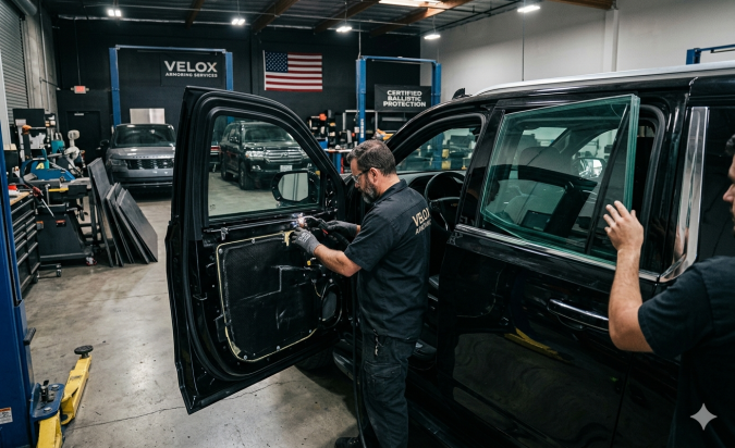 Técnico instalando paneles de blindaje en SUV Cadillac negra, puertas desmontadas y cristales antibalas listos en taller de vehículos blindados.