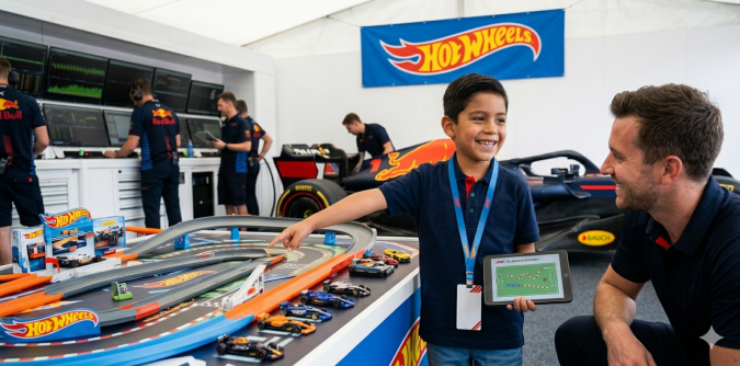 Niño sonriente como director de equipo en garaje de F1 con pista Hot Wheels.