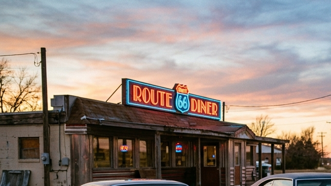Tres autos clásicos (un Pontiac, un Oldsmobile y un Plymouth) estacionados frente a un restaurante retro de la Ruta 66 durante el atardecer.