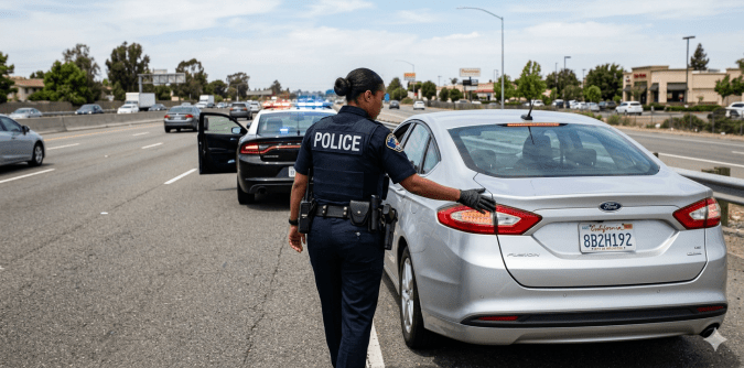 Policía de tránsito detiene sedán plateado en autopista de California, patrulla con luces encendidas detrás, inspección de tráfico por infracción de tránsito