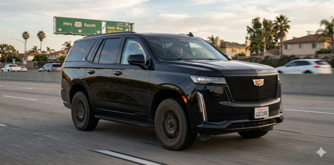 Cadillac Escalade negra blindada circulando por autopista en Estados Unidos, SUV de lujo con protección balística y vidrios antibalas en movimiento.