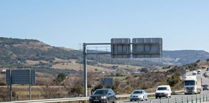 Conductor con chaleco reflectante colocando triángulo de emergencia detrás del coche en autopista