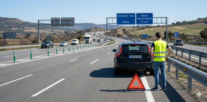 Conductor con chaleco reflectante colocando triángulo de emergencia detrás del coche en autopista