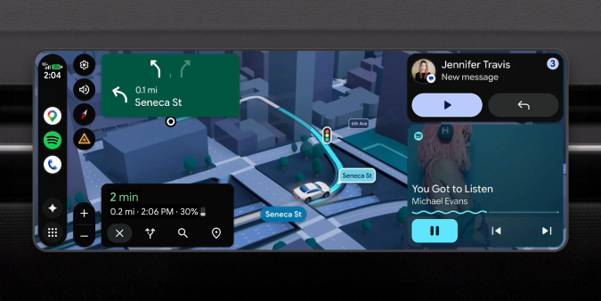 Interfaz de Android Auto con navegación GPS, música y notificaciones en la pantalla del tablero del vehículo