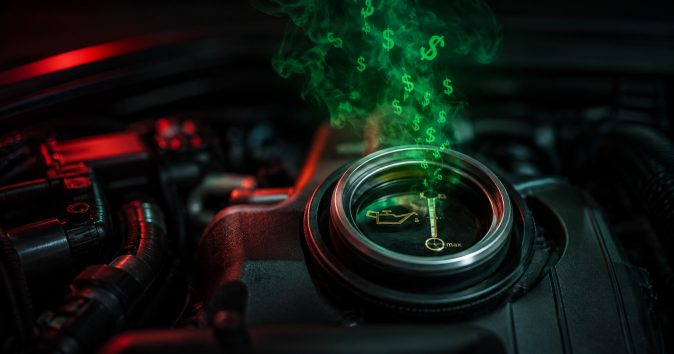 Depósito de aceite de motor con indicador y signos de dólar en humo verde