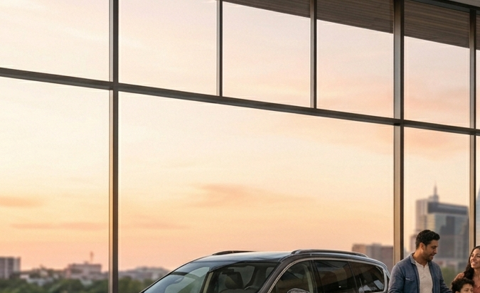 Concesionario Chrysler moderno con dos SUV exhibidas y clientes recibiendo asesoría frente a grandes ventanales con vista a la ciudad.