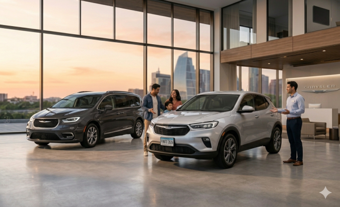 Concesionario Chrysler moderno con dos SUV exhibidas y clientes recibiendo asesoría frente a grandes ventanales con vista a la ciudad.