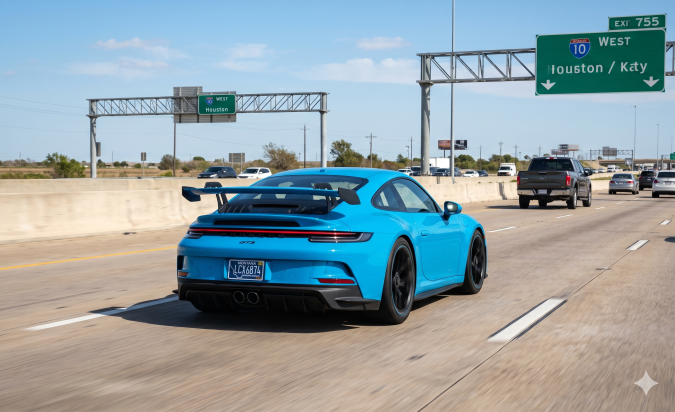 Porsche 911 GT3 azul con placas de Montana circulando en la autopista de Houston, Texas