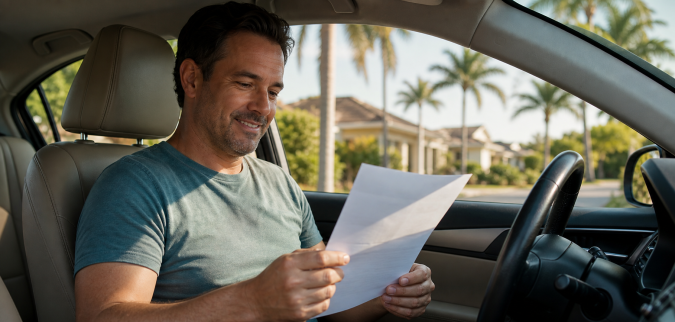 Hombre sonriente dentro de su auto revisando documento de reembolso de seguro en Florida. Buenas noticias para conductores 2026.
