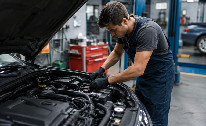 Mecánico trabajando en la suspensión y frenos de un carro en taller.