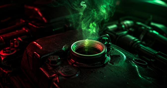 Filtro de aceite de motor abierto con humo verde en forma de signo de dólar