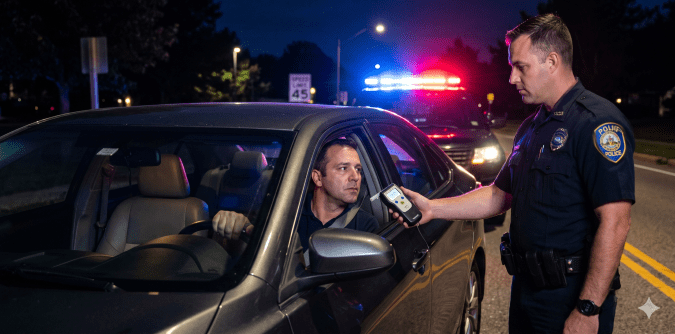 Policía realizando test de alcohol a conductor en parada nocturna. Prueba de alcoholemia con alcoholímetro en carretera.