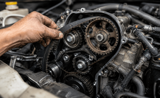 Cambio de correa de distribución en motor de automóvil durante mantenimiento.