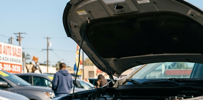 Mecánico realizando inspección precompra de Honda SUV en concesionario: revisando motor y neumáticos con checklist