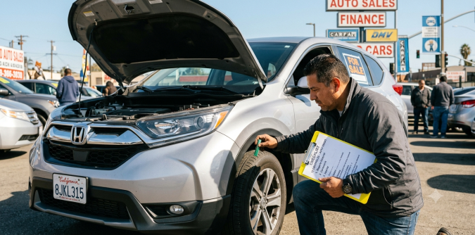 Mecánico realizando inspección precompra de Honda SUV en concesionario: revisando motor y neumáticos con checklist