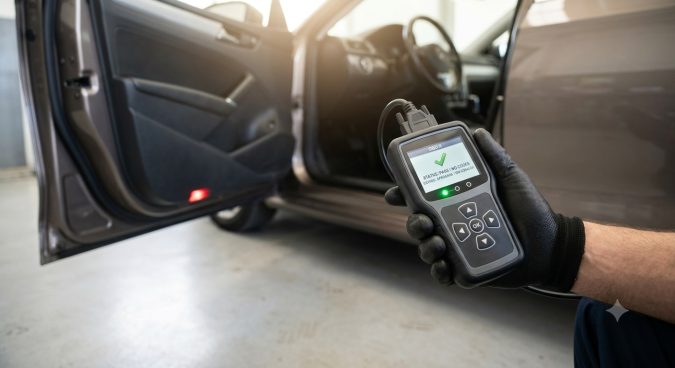 Escáner OBD-II mostrando diagnóstico PASS sin códigos de error en revisión automotriz profesional del vehículo