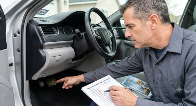 Inspector revisando interior de auto usado con checklist: comprobando pedales y controles durante inspección vehicular
