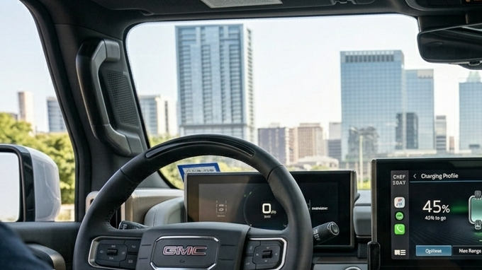 Interior de auto eléctrico de General Motors con Apple CarPlay en pantalla táctil, mostrando cómo volver a usar Apple CarPlay en vehículos eléctricos modernos