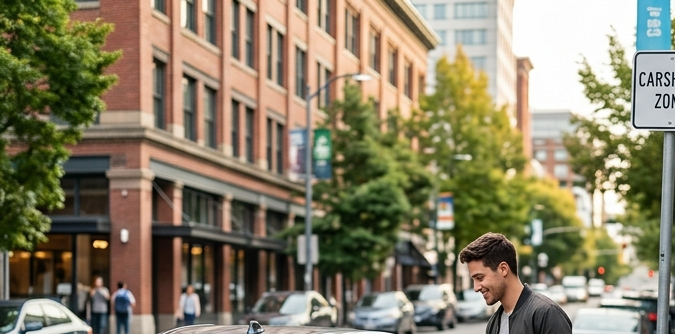 Comparativa carsharing vs suscripción de autos: hombre abriendo vehículo compartido y pareja recibiendo llaves en delivery hub.