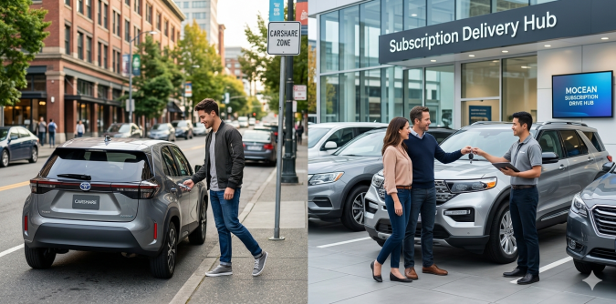 Comparativa carsharing vs suscripción de autos: hombre abriendo vehículo compartido y pareja recibiendo llaves en delivery hub.