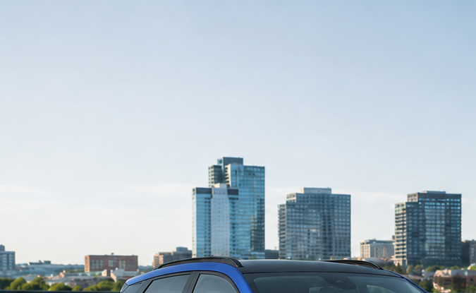 Chevrolet Bolt azul y sedán eléctrico blanco tipo Nissan 2026 estacionados en azotea con skyline urbano de fondo, comparativa de autos eléctricos compactos