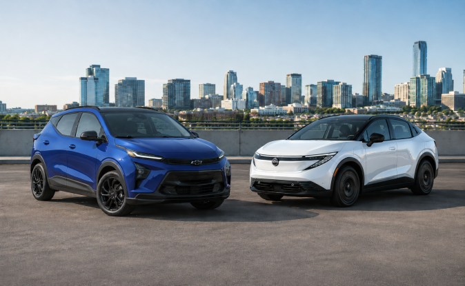 Chevrolet Bolt azul y sedán eléctrico blanco tipo Nissan 2026 estacionados en azotea con skyline urbano de fondo, comparativa de autos eléctricos compactos