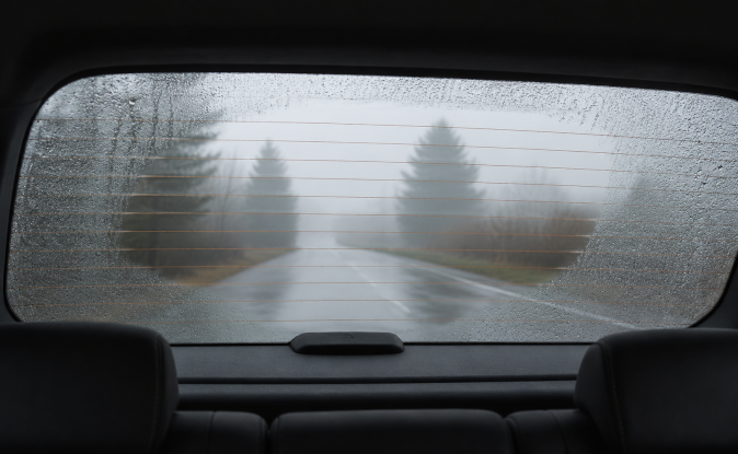 Vidrio trasero empañado con gotas de lluvia en auto. Vista de carretera con niebla a través del parabrisas posterior.